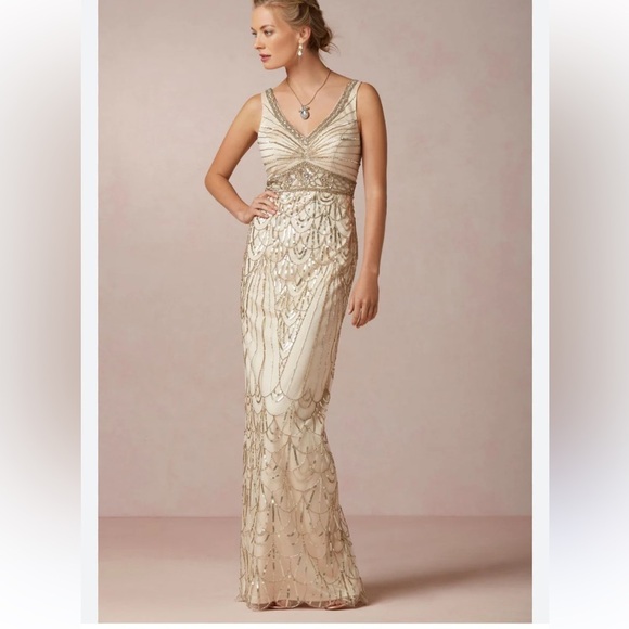 Sue Wong Dresses & Skirts - Sue Wong Nocturne BHLDN beaded embroidered champagne Maxi Dress woman’s size 2